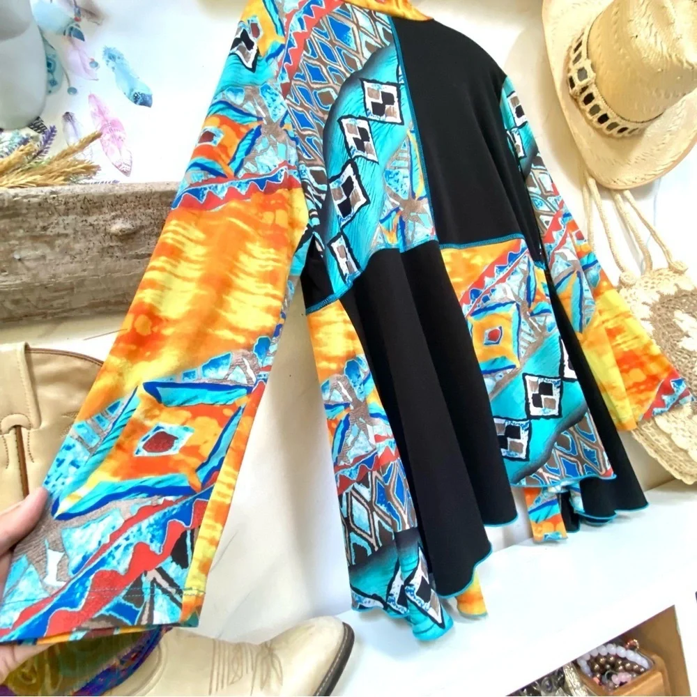 Funky patchwork vibe open front boho cardigan w resort vacay feel - Picture 7 of 10